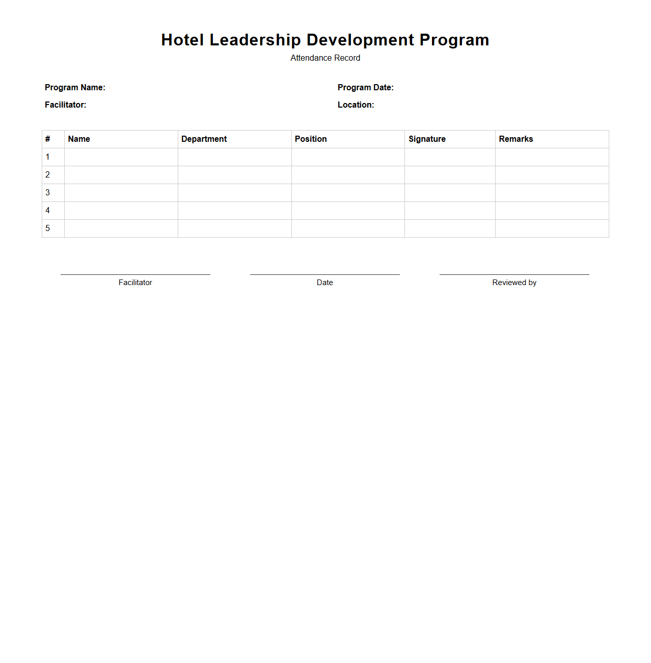 Hotel Leadership Development Program Attendance Record