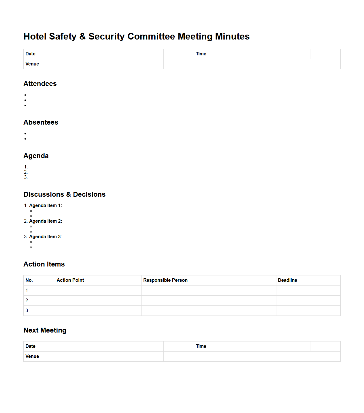 Hotel Safety & Security Committee Meeting Minutes Sample