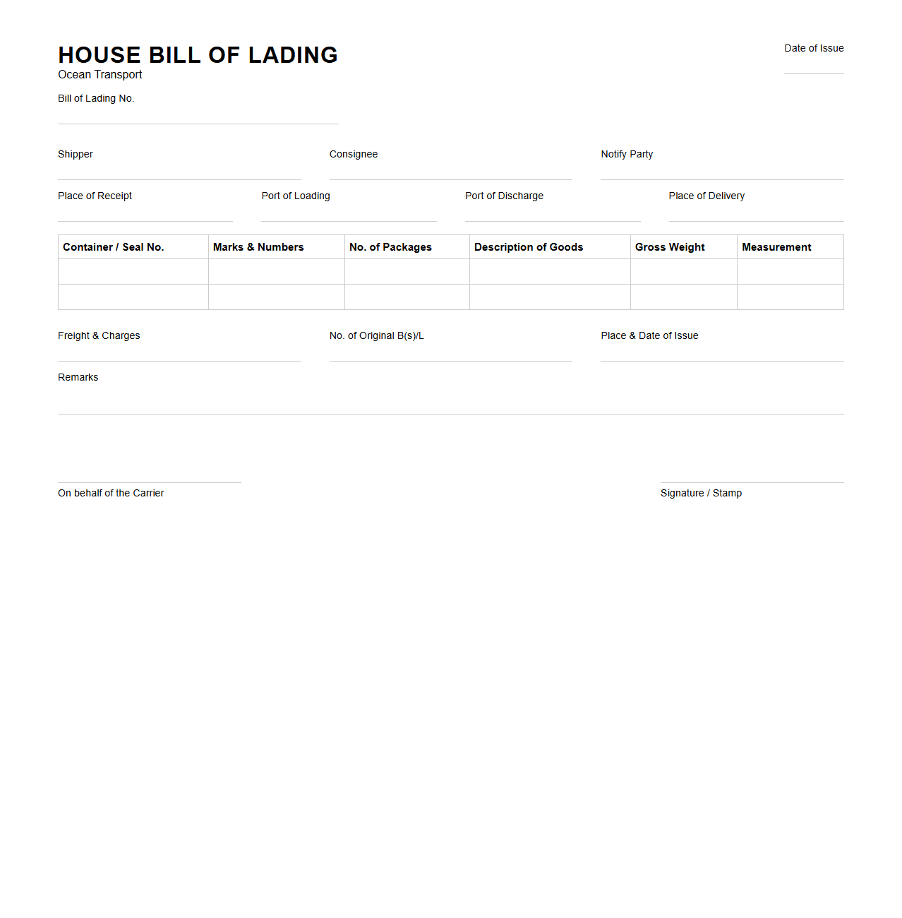 House Bill of Lading for Ocean Transport
