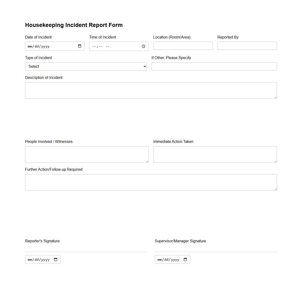 Housekeeping Incident Report Form for Hotels and Resorts