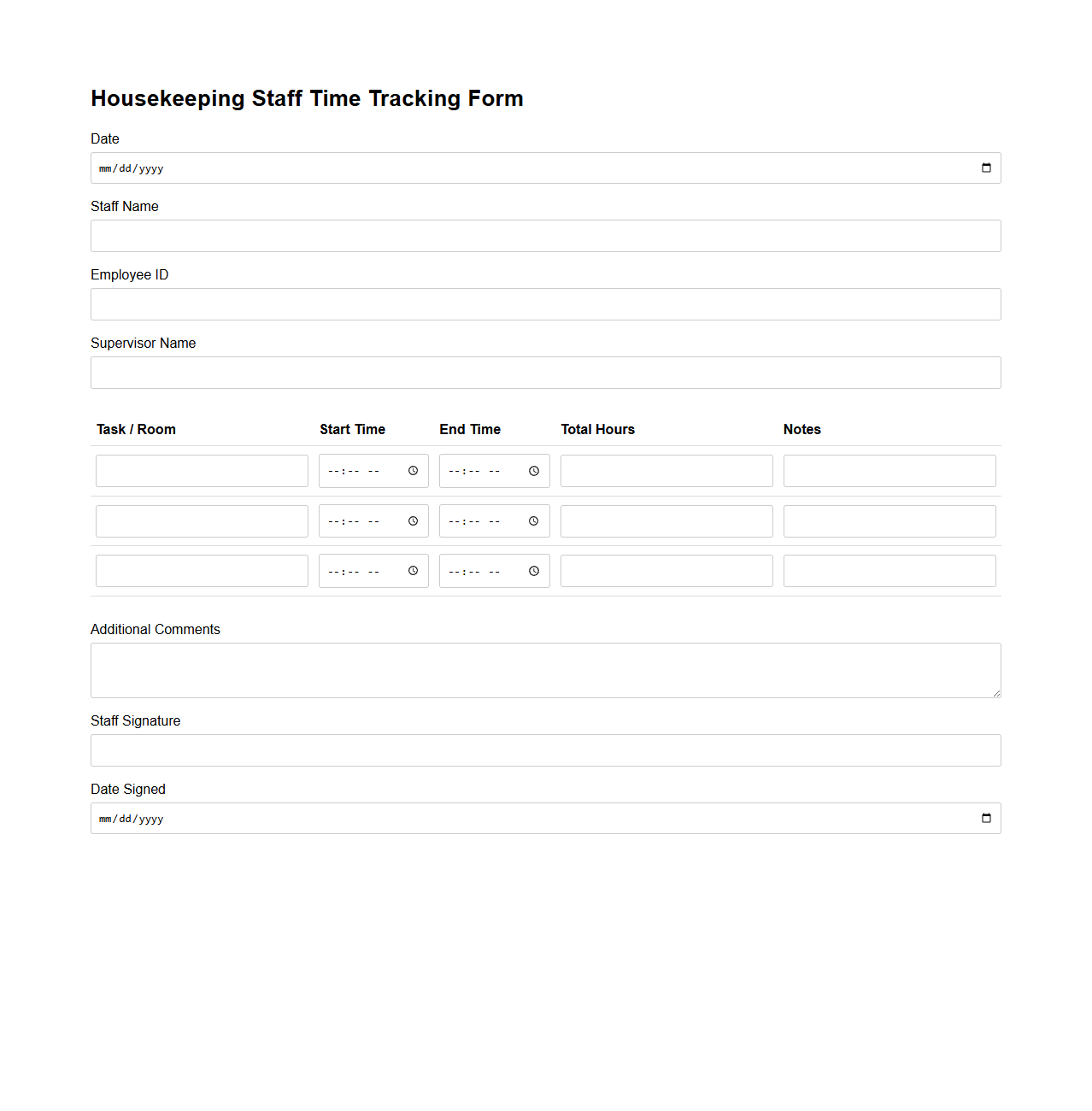 Housekeeping Staff Time Tracking Form