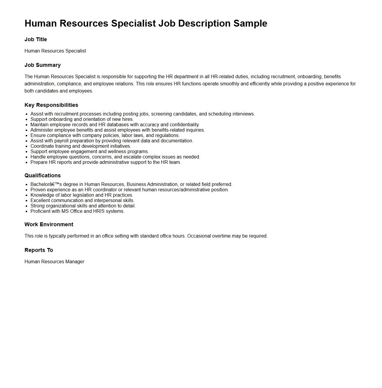 Human Resources Specialist Job Description Sample
