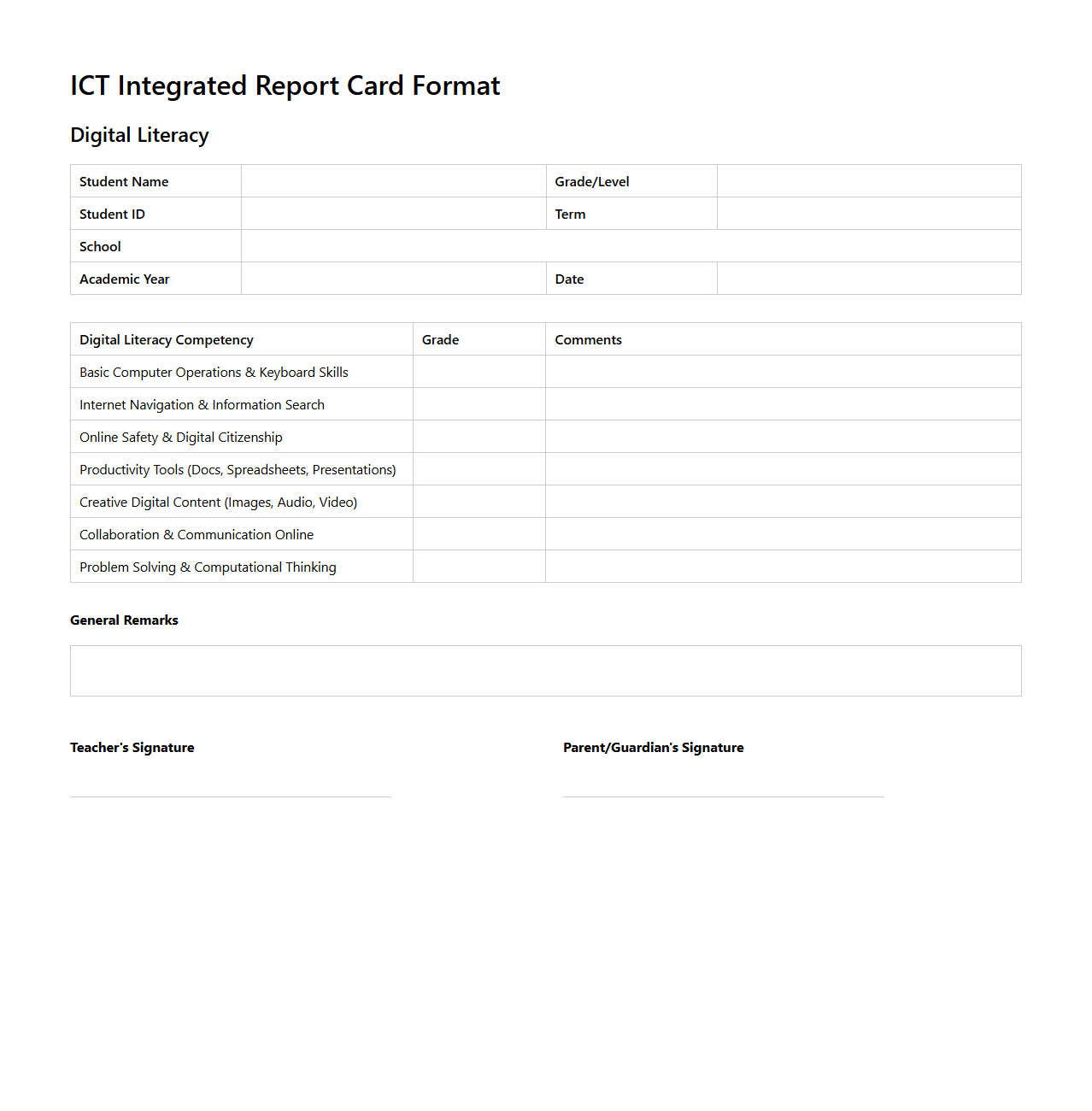 ICT Integrated Report Card Format for Digital Literacy