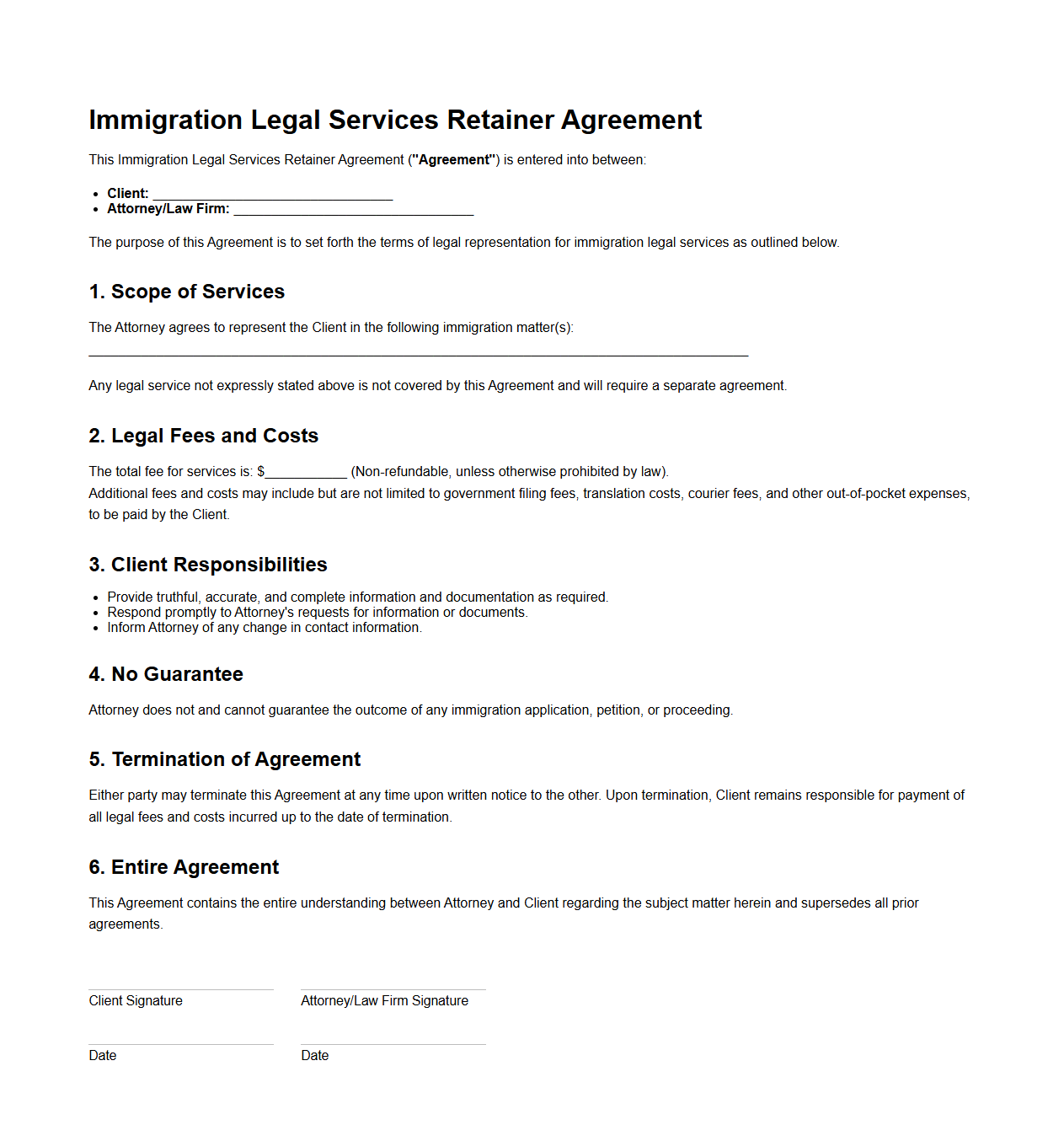 Immigration Legal Services Retainer Agreement