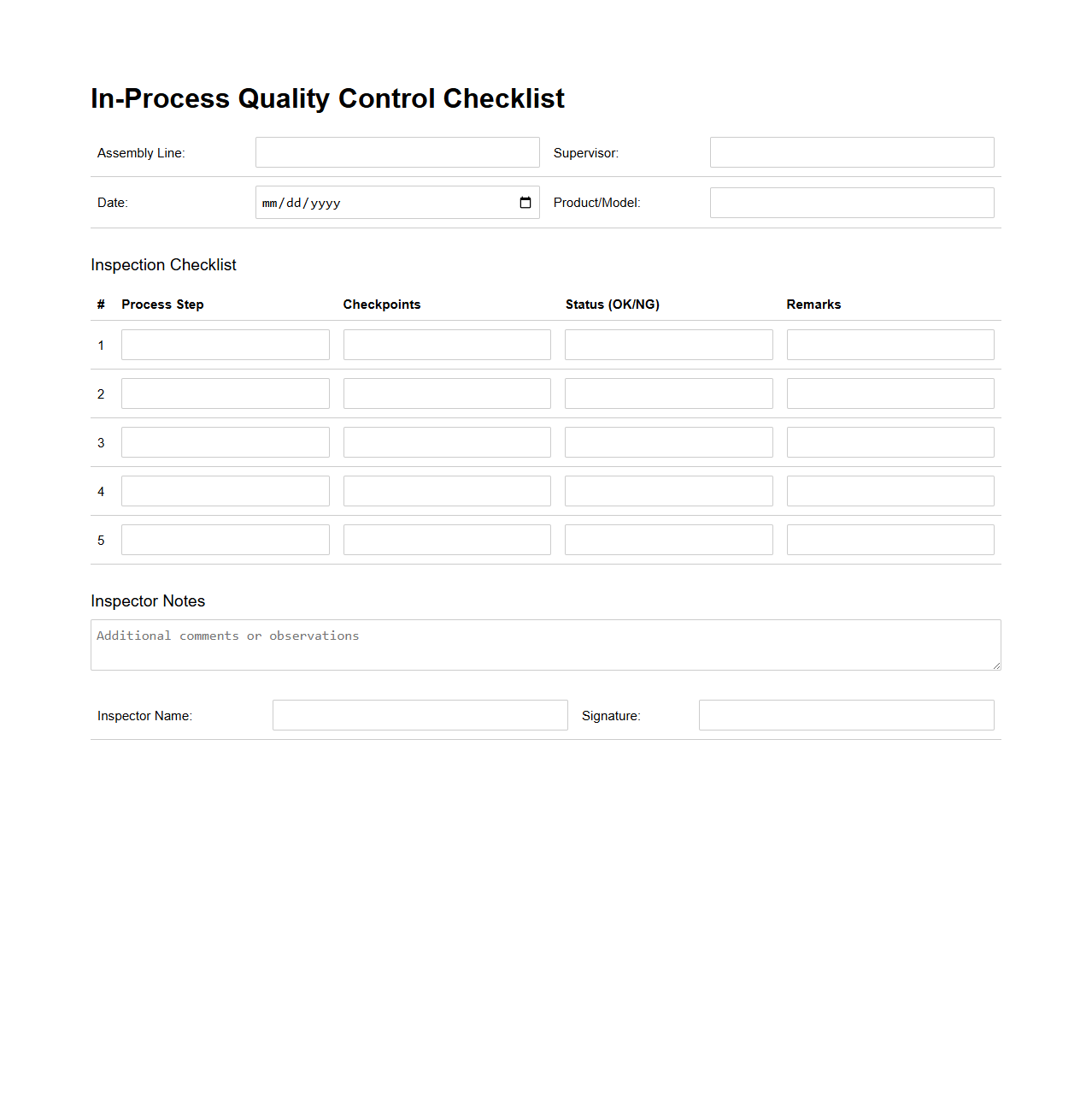 In-Process Quality Control Checklist for Assembly Line