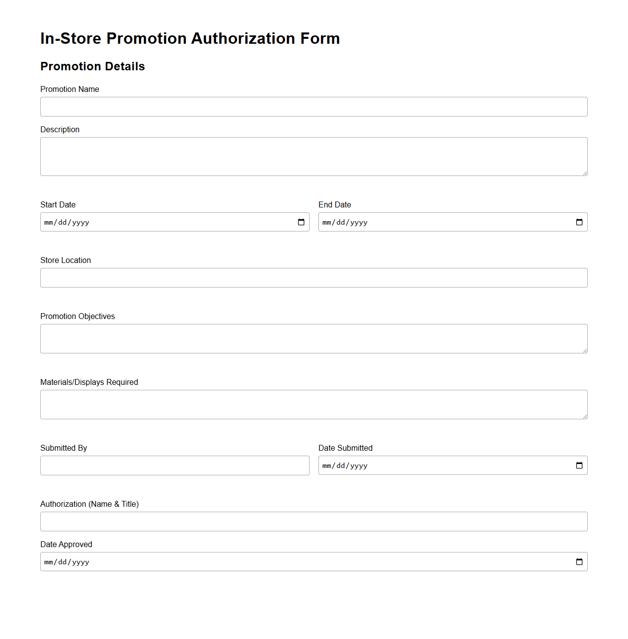 In-Store Promotion Authorization Form Sample