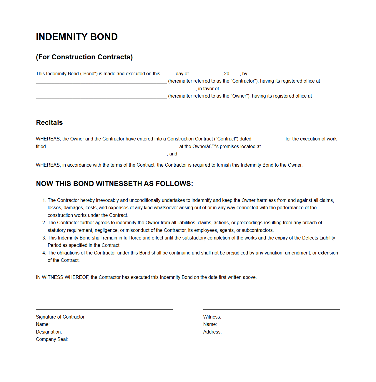 Indemnity Bond Document for Construction Contracts