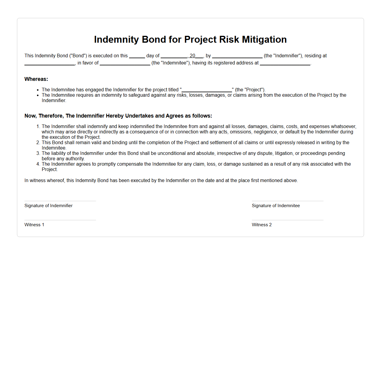 Indemnity Bond for Project Risk Mitigation