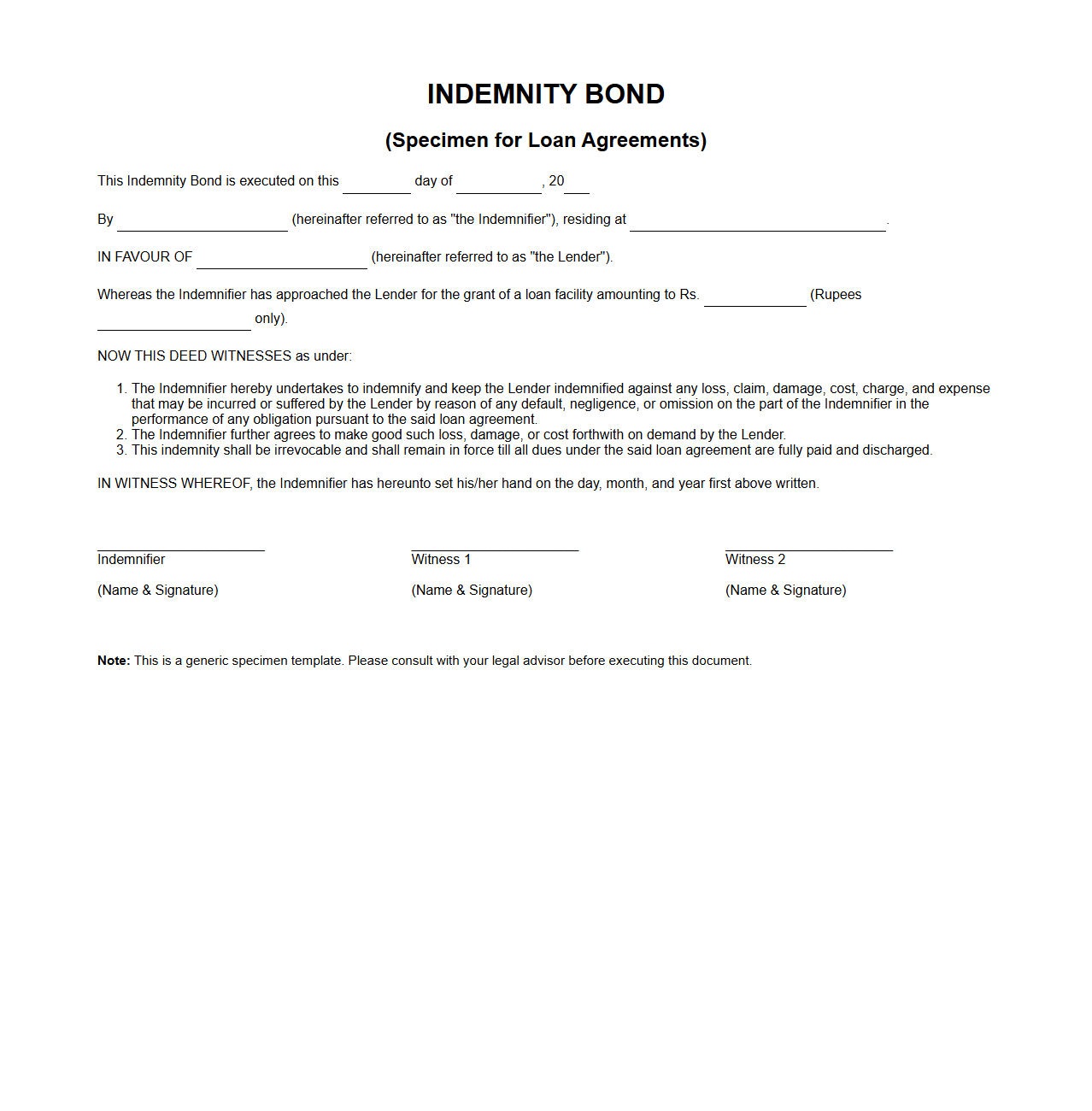 Indemnity Bond Specimen for Loan Agreements