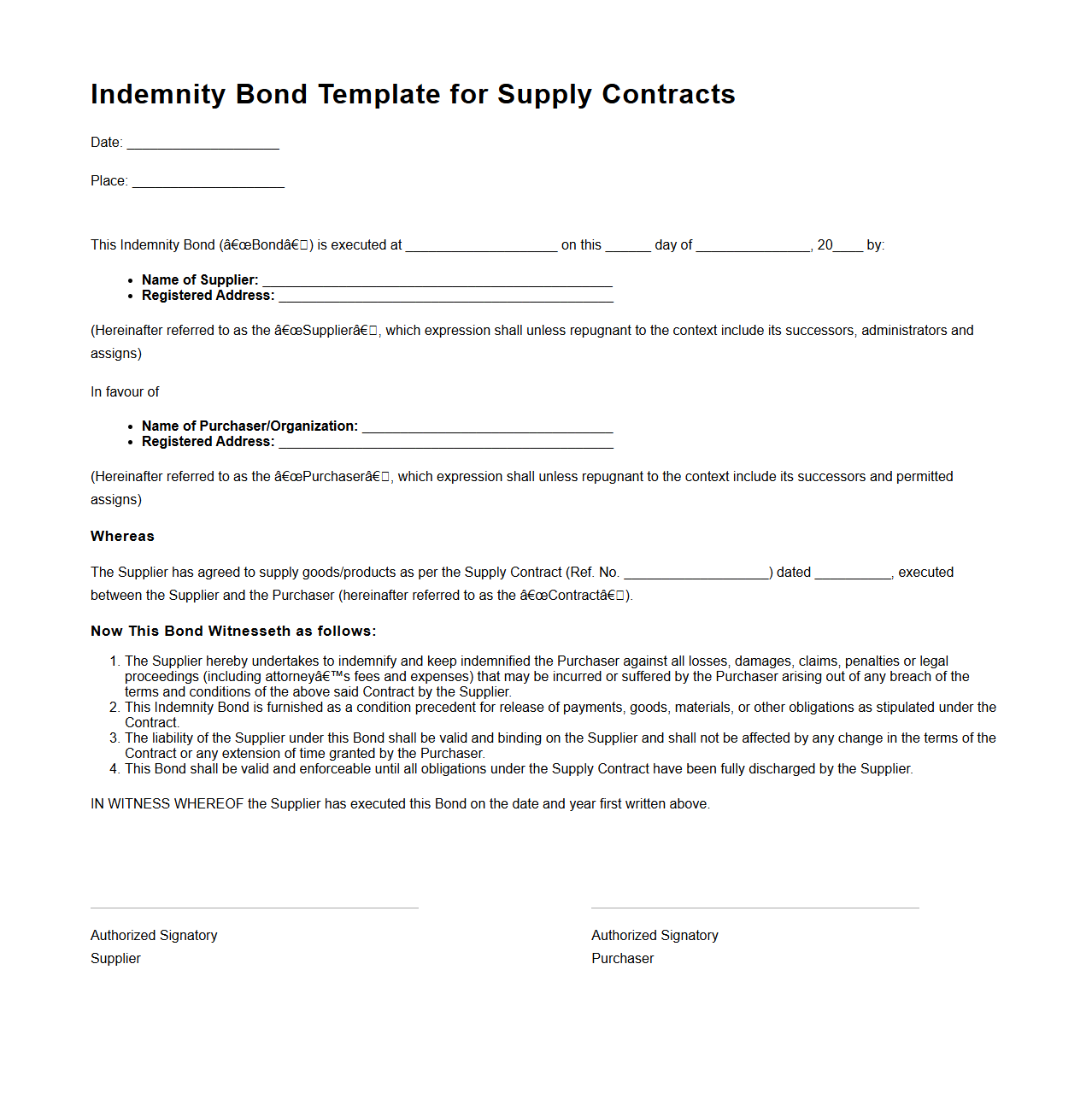 Indemnity Bond Template for Supply Contracts