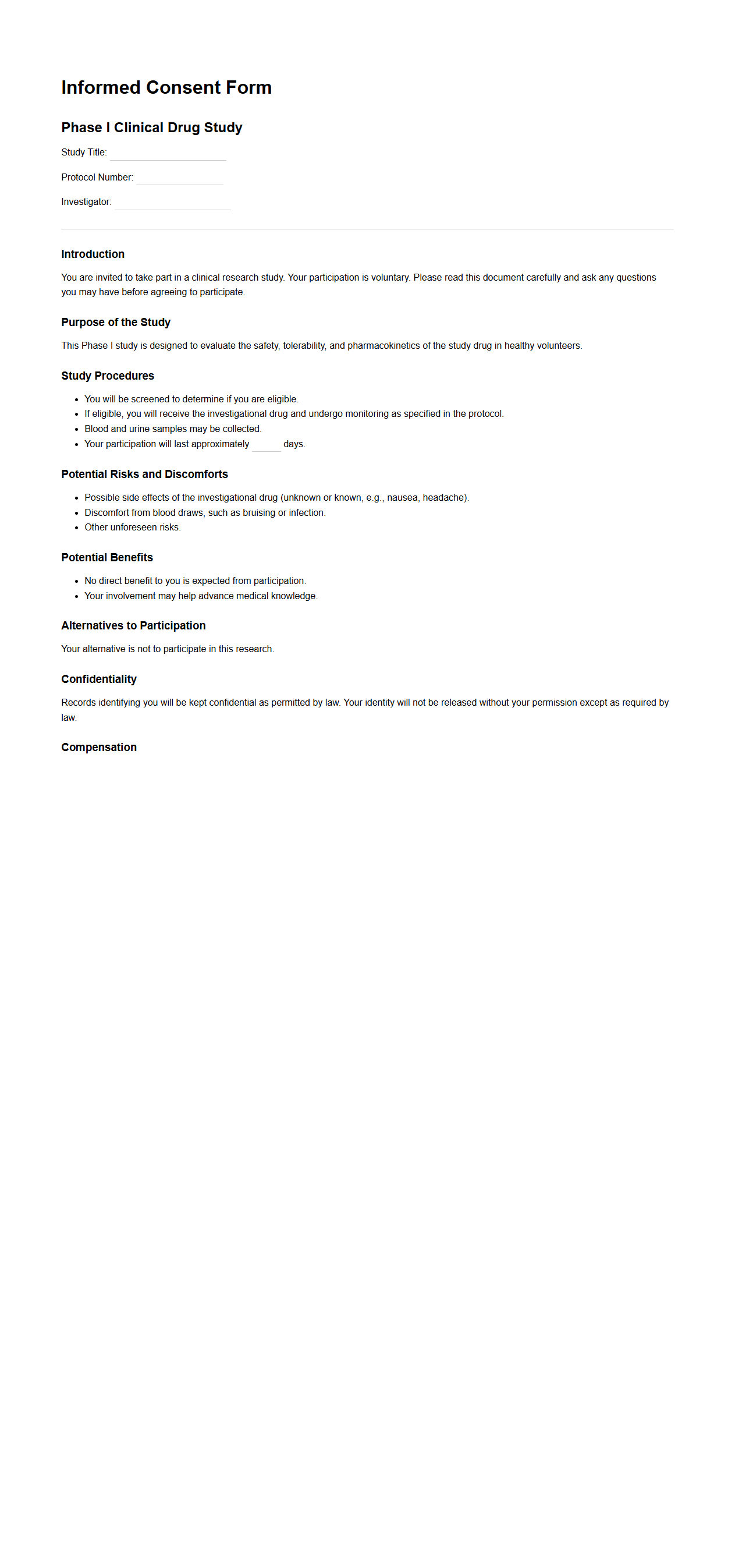 Informed Consent for Phase I Clinical Drug Studies