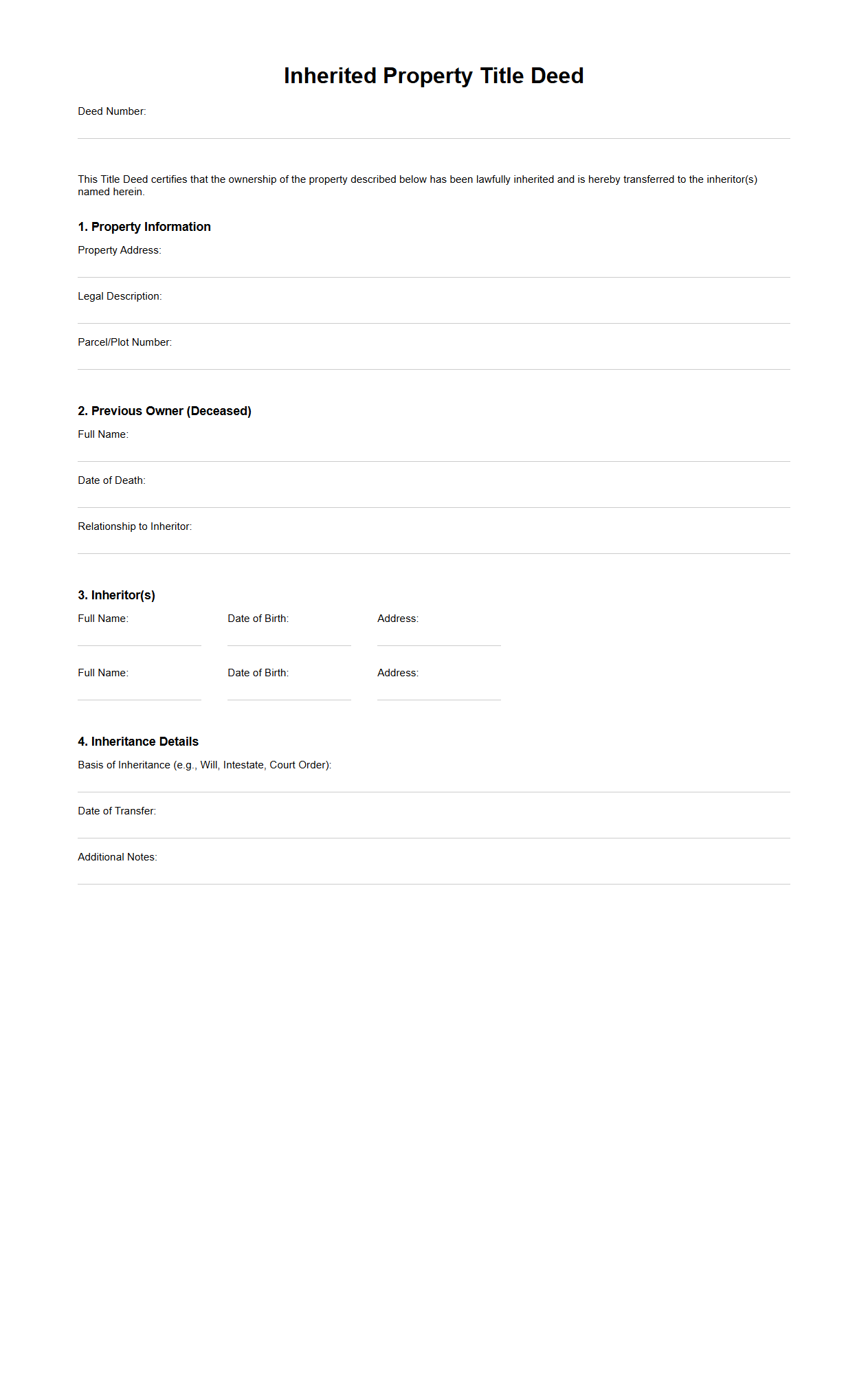 Inherited Property Title Deed Template