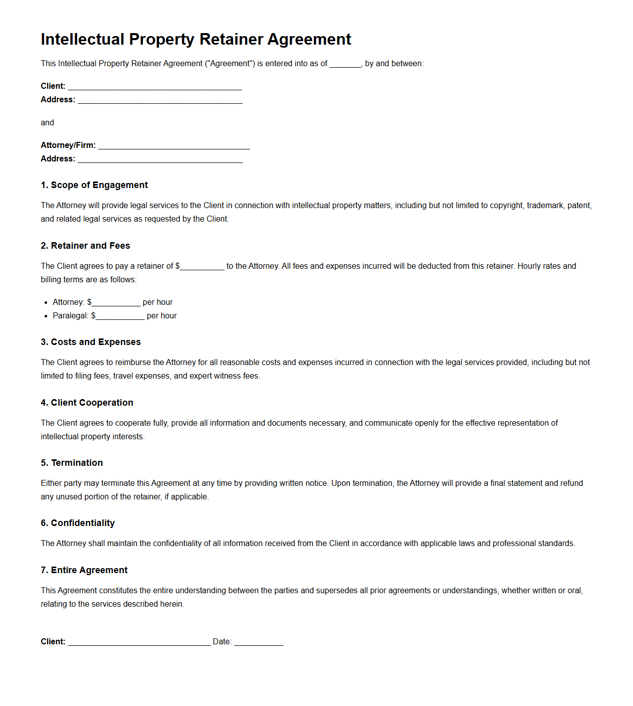 Intellectual Property Retainer Agreement Sample