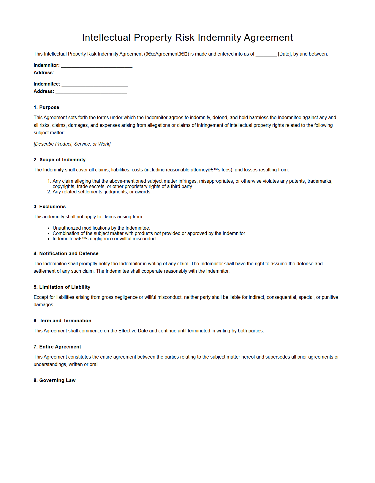 Intellectual Property Risk Indemnity Agreement Draft