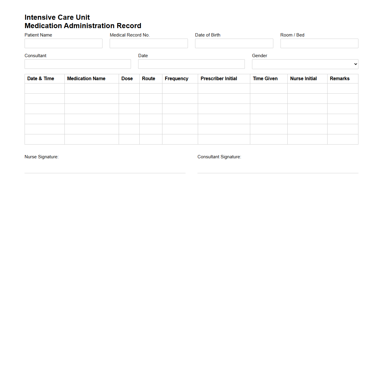 Intensive Care Unit Medication Administration Record Form