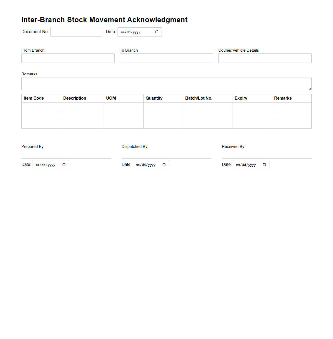 Inter-Branch Stock Movement Acknowledgment
