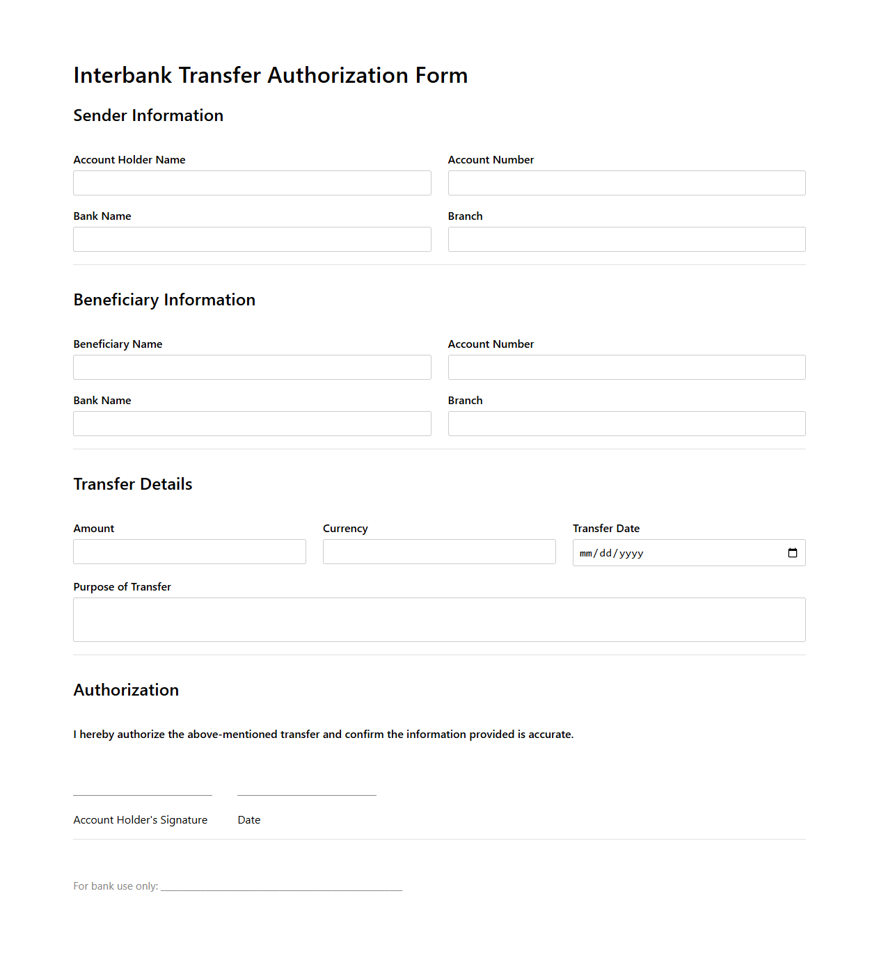 Interbank Transfer Authorization Form