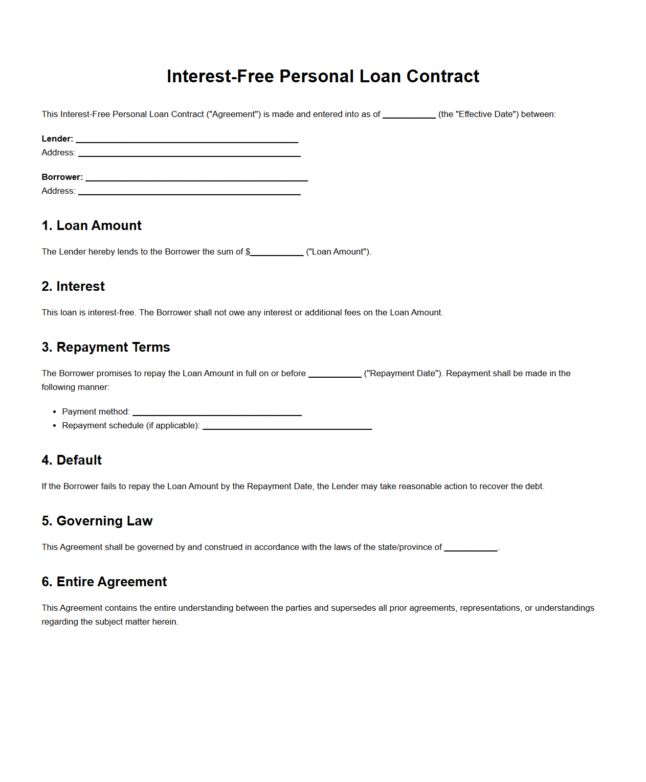 Interest-Free Personal Loan Contract Sample
