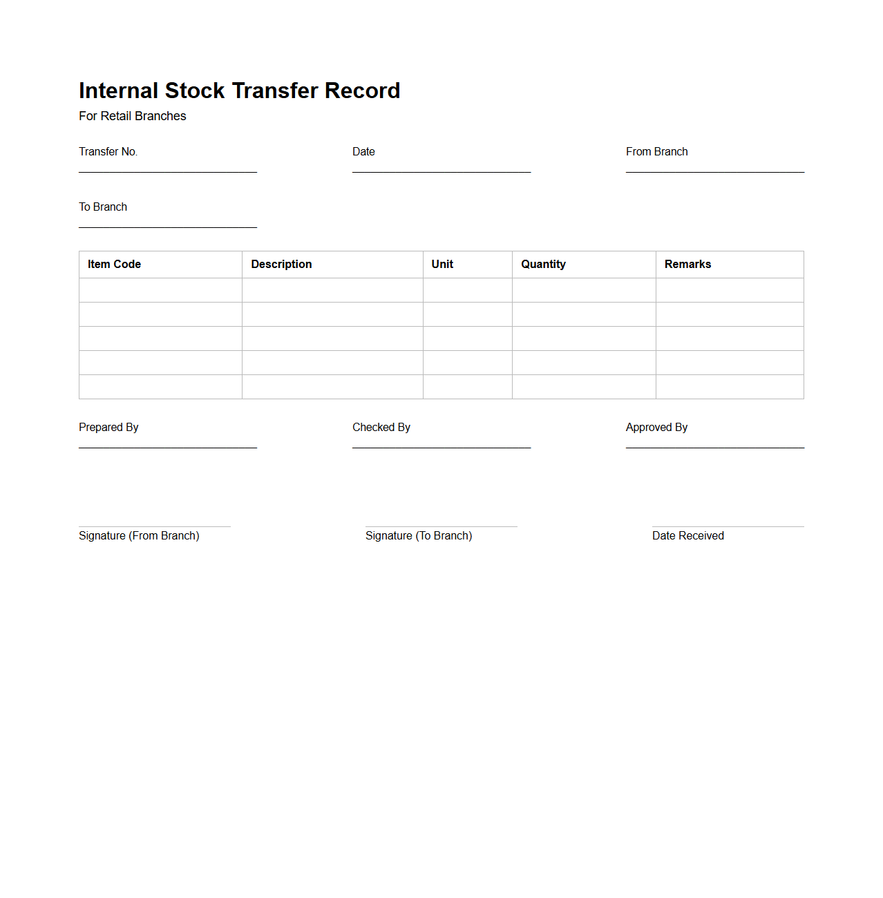 Internal Stock Transfer Record for Retail Branches