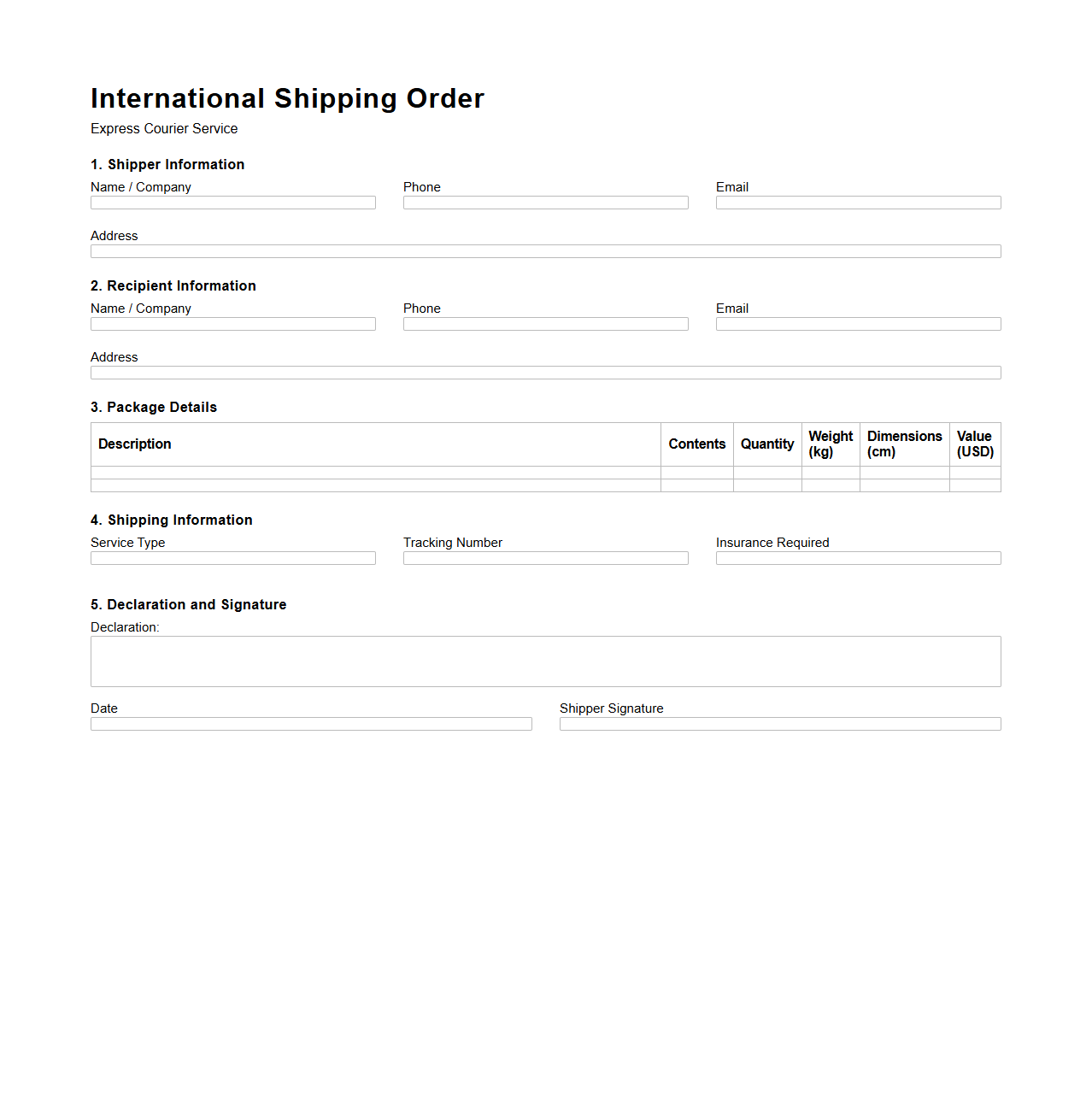 International Shipping Order Template for Express Couriers