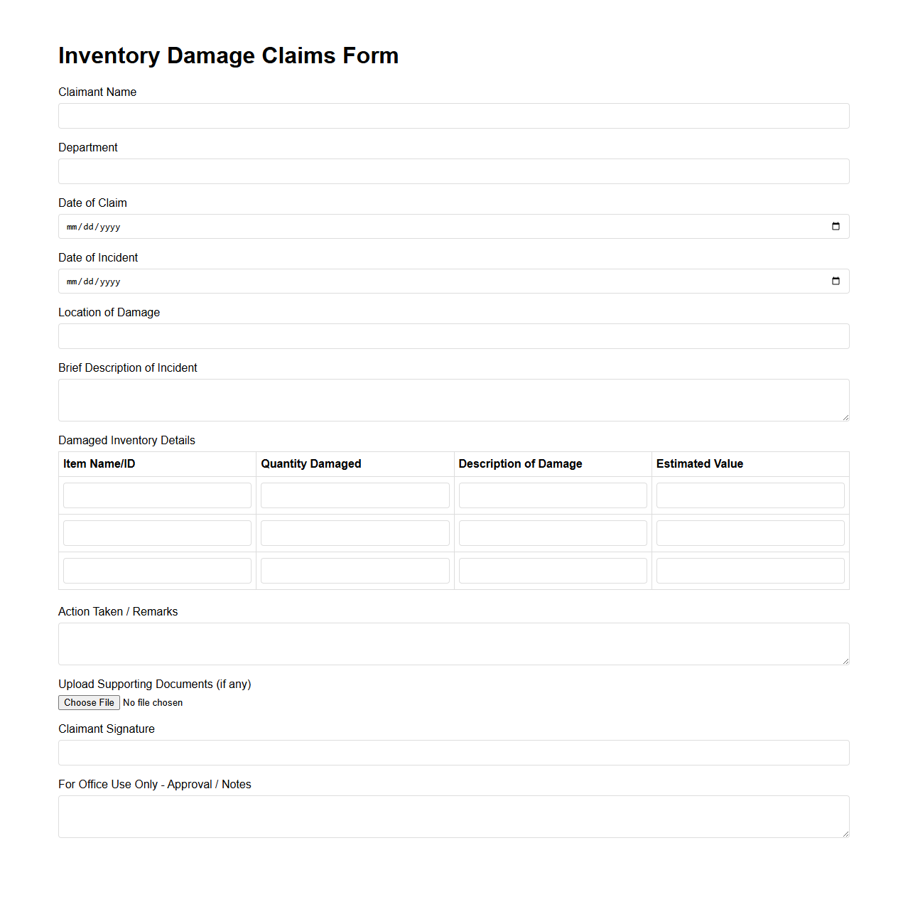 Inventory Damage Claims Form Example