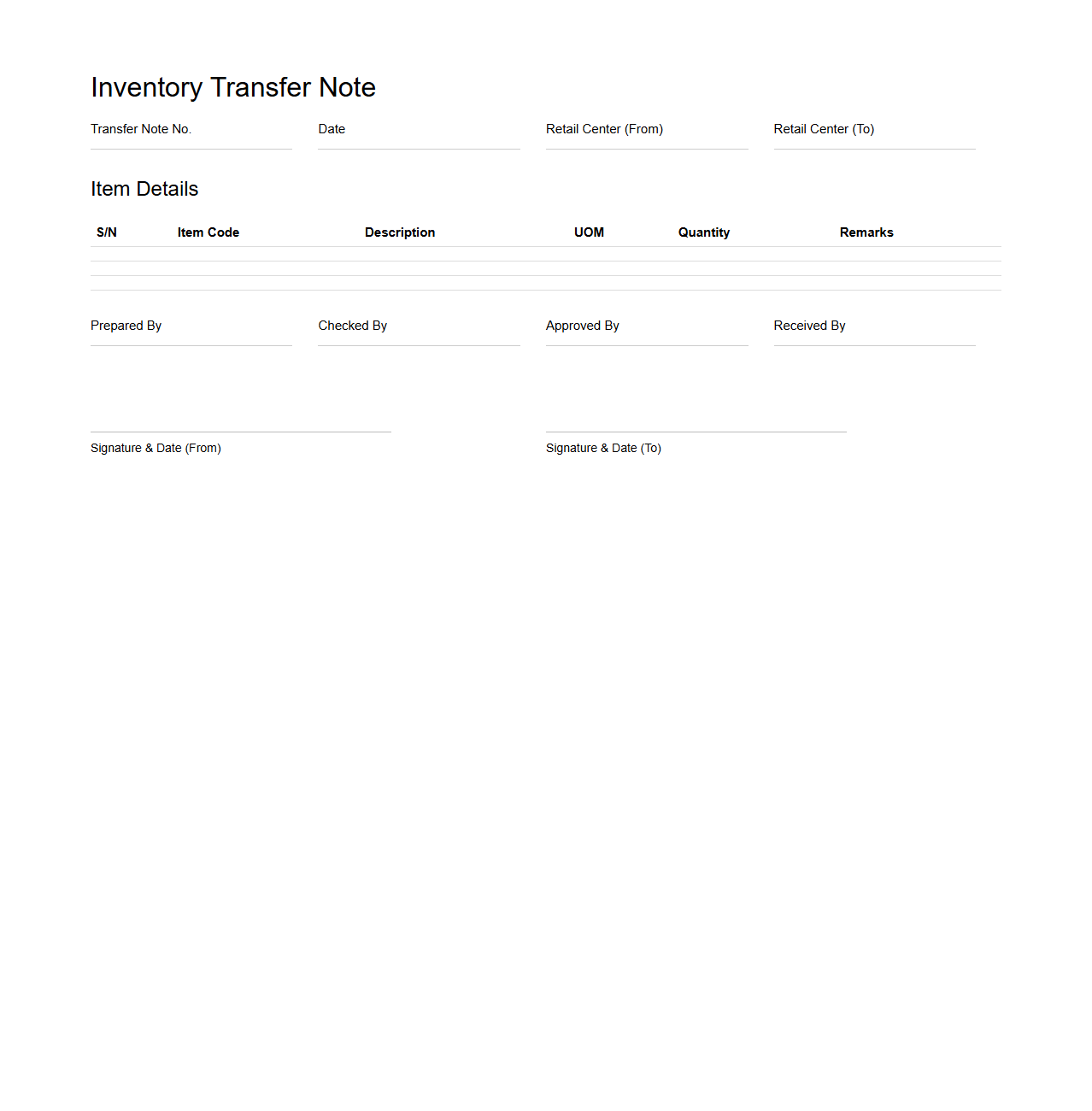 Inventory Transfer Note Format for Retail Centers