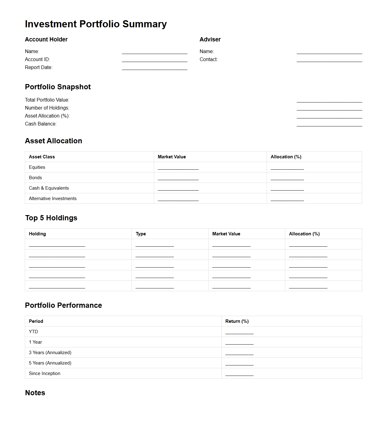 Investment Portfolio Summary Template for Asset Management