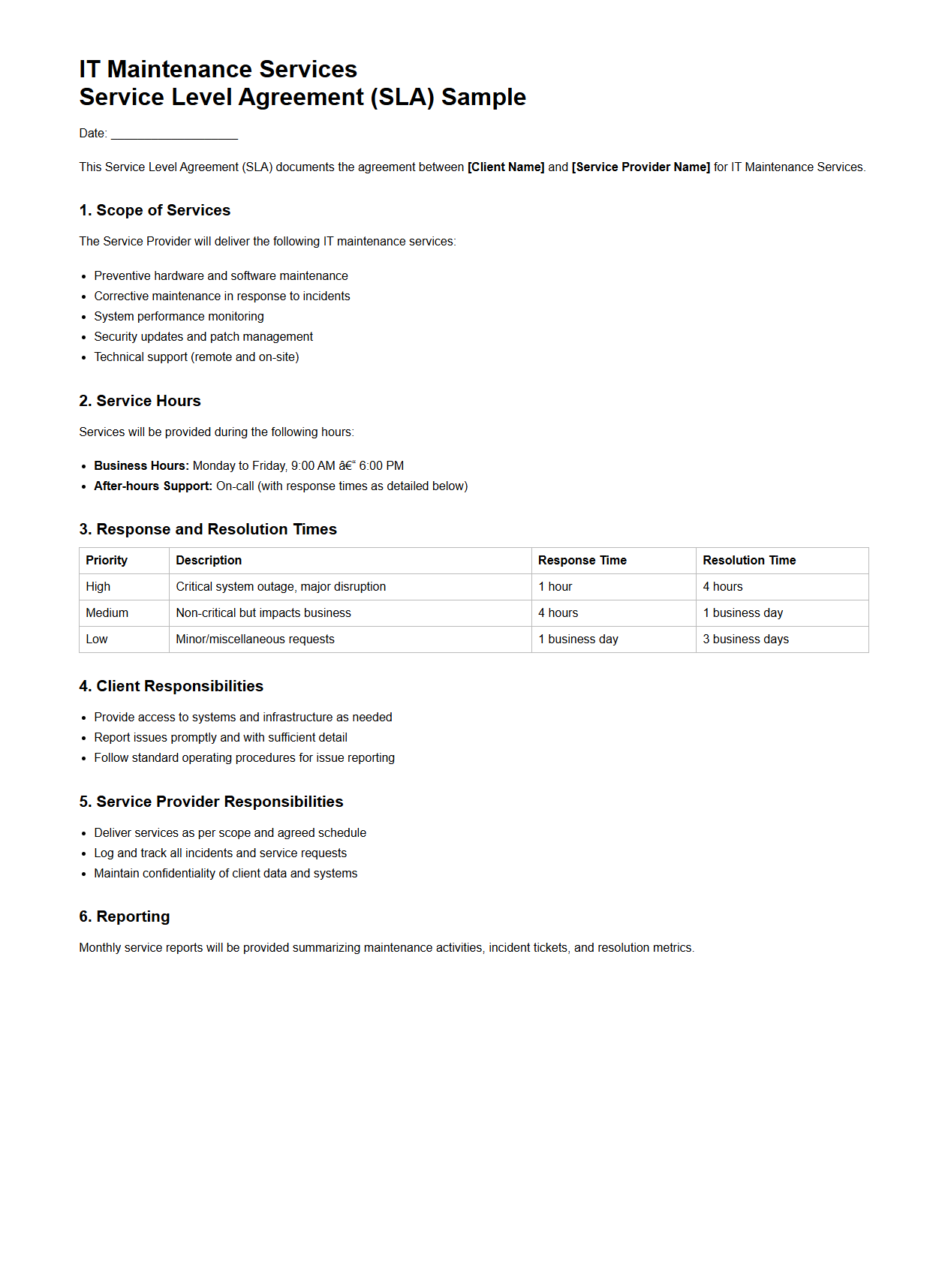 IT Maintenance Services SLA Sample