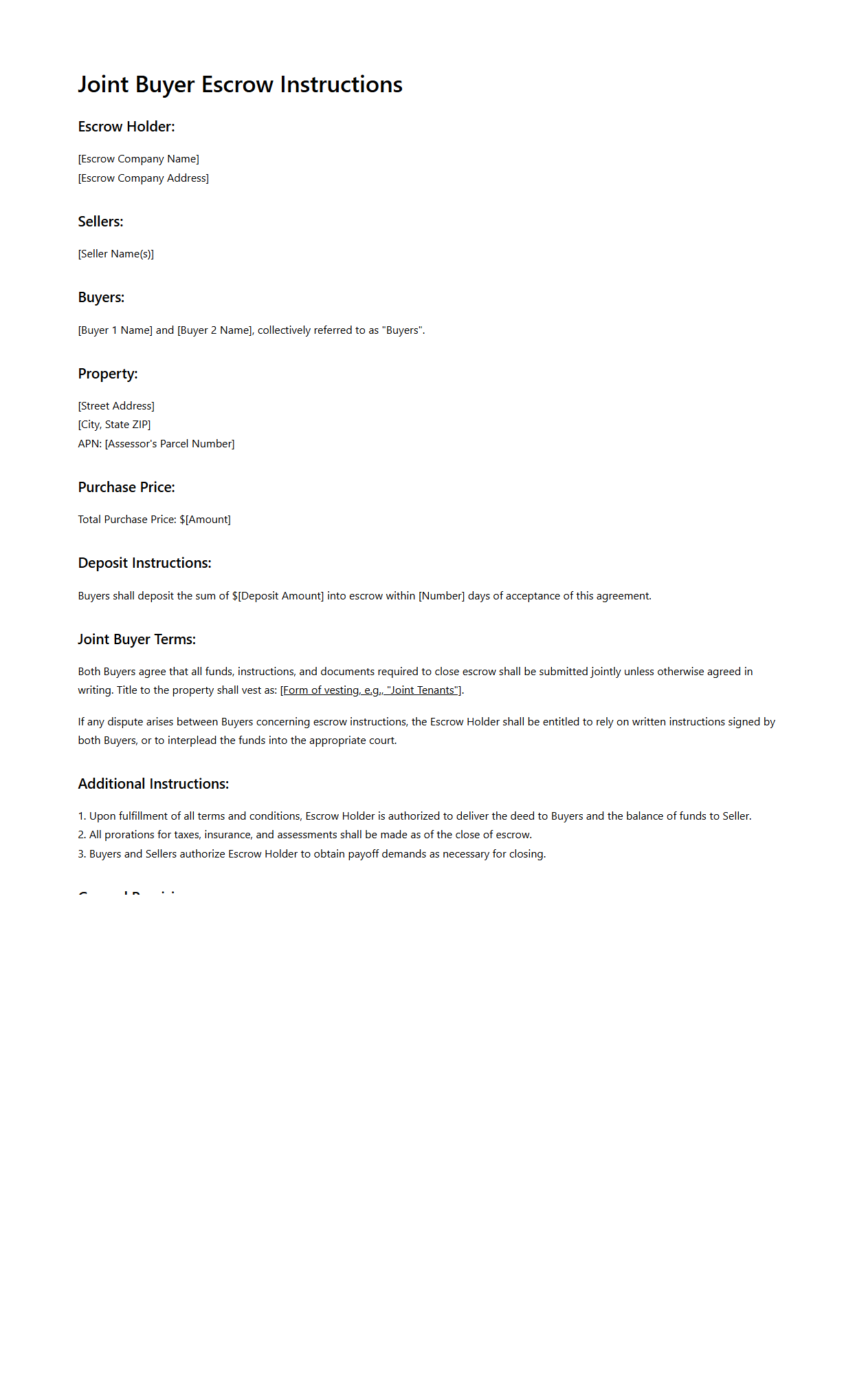 Joint Buyer Escrow Instructions Example