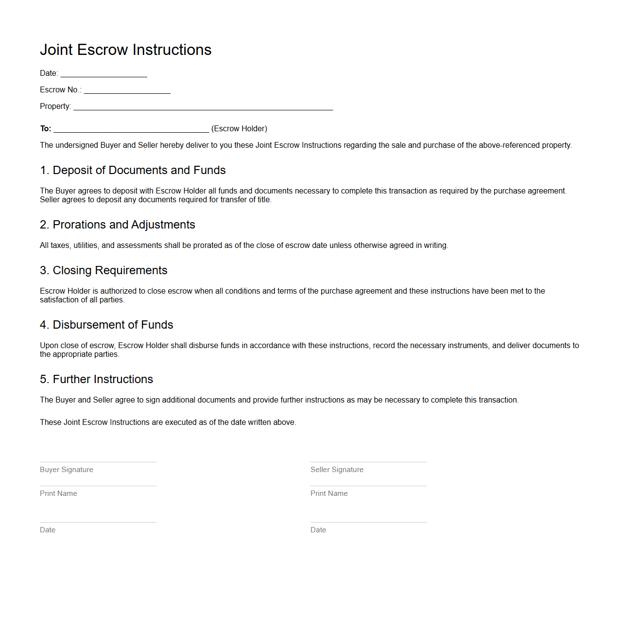 Joint Escrow Instructions for Buyer and Seller
