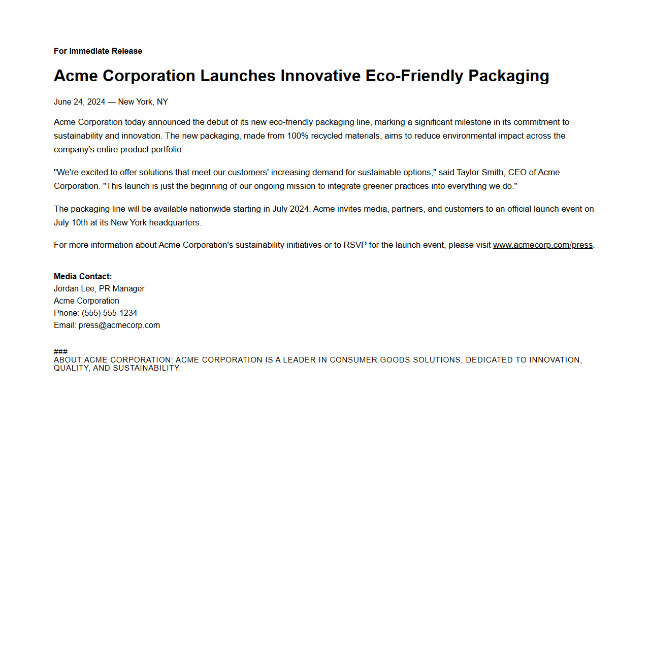 Key Press Release Sample for Media Kits