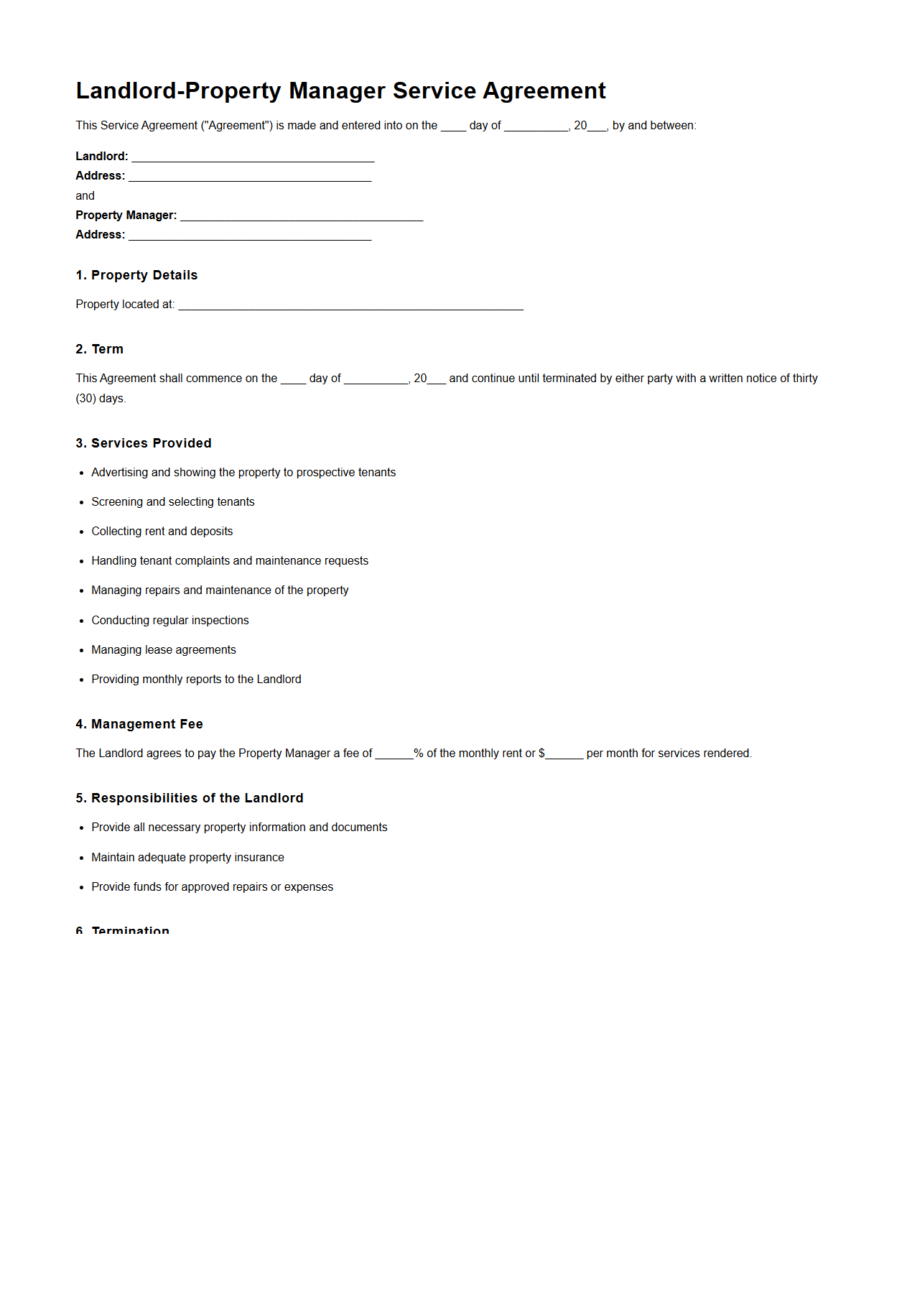 Landlord-Property Manager Service Agreement Sample