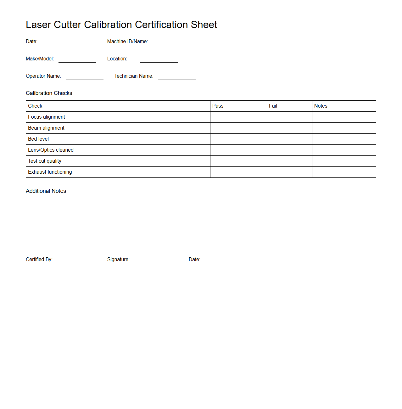 Laser Cutter Calibration Certification Sheet