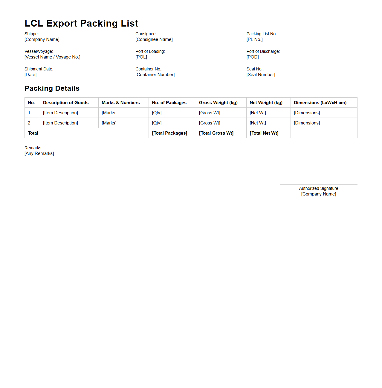 LCL Export Packing List Sample