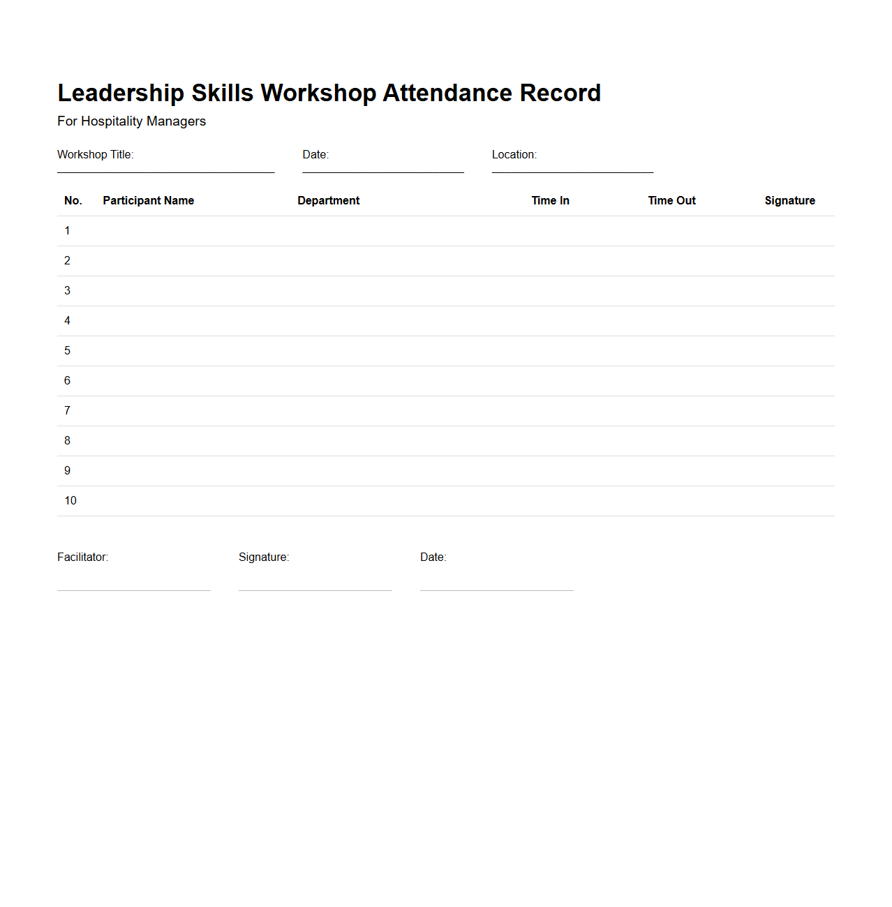 Leadership Skills Workshop Attendance Record for Hospitality Managers