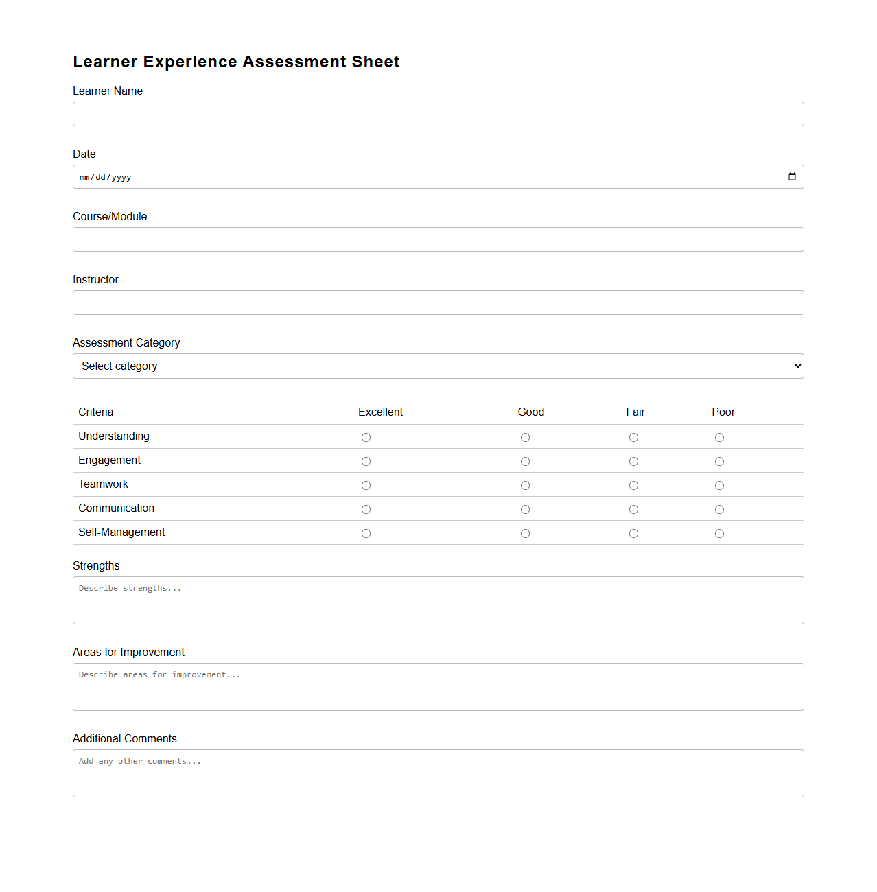 Learner Experience Assessment Sheet