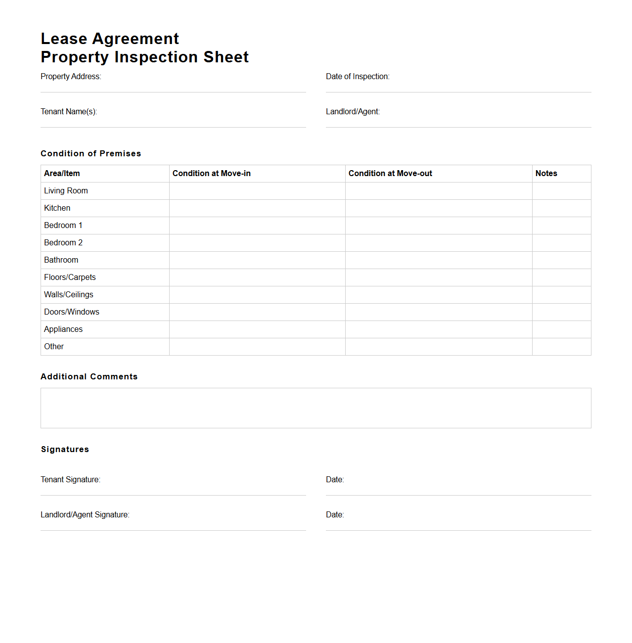 Lease Agreement Property Inspection Sheet