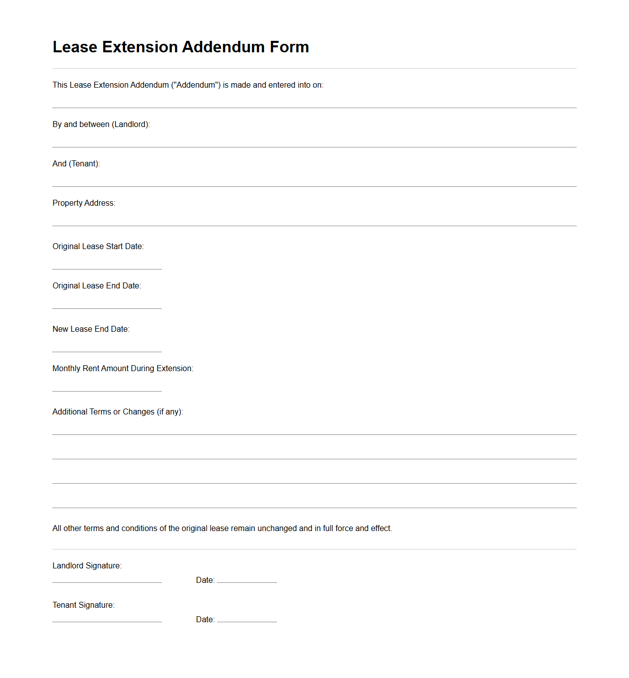 Lease Extension Addendum Form