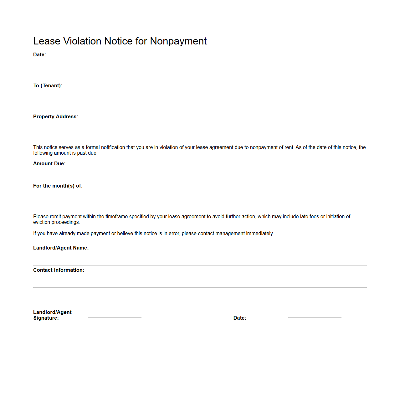 Lease Violation Notice for Nonpayment Sample