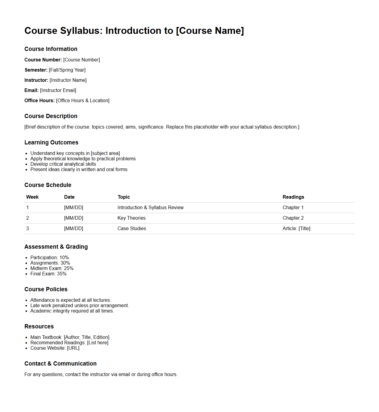 Lecture-Based Syllabus Sample for Academic Courses