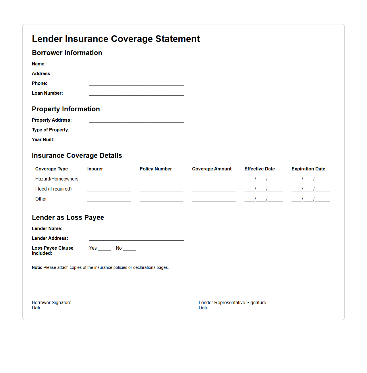 Lender Insurance Coverage Statement Sample