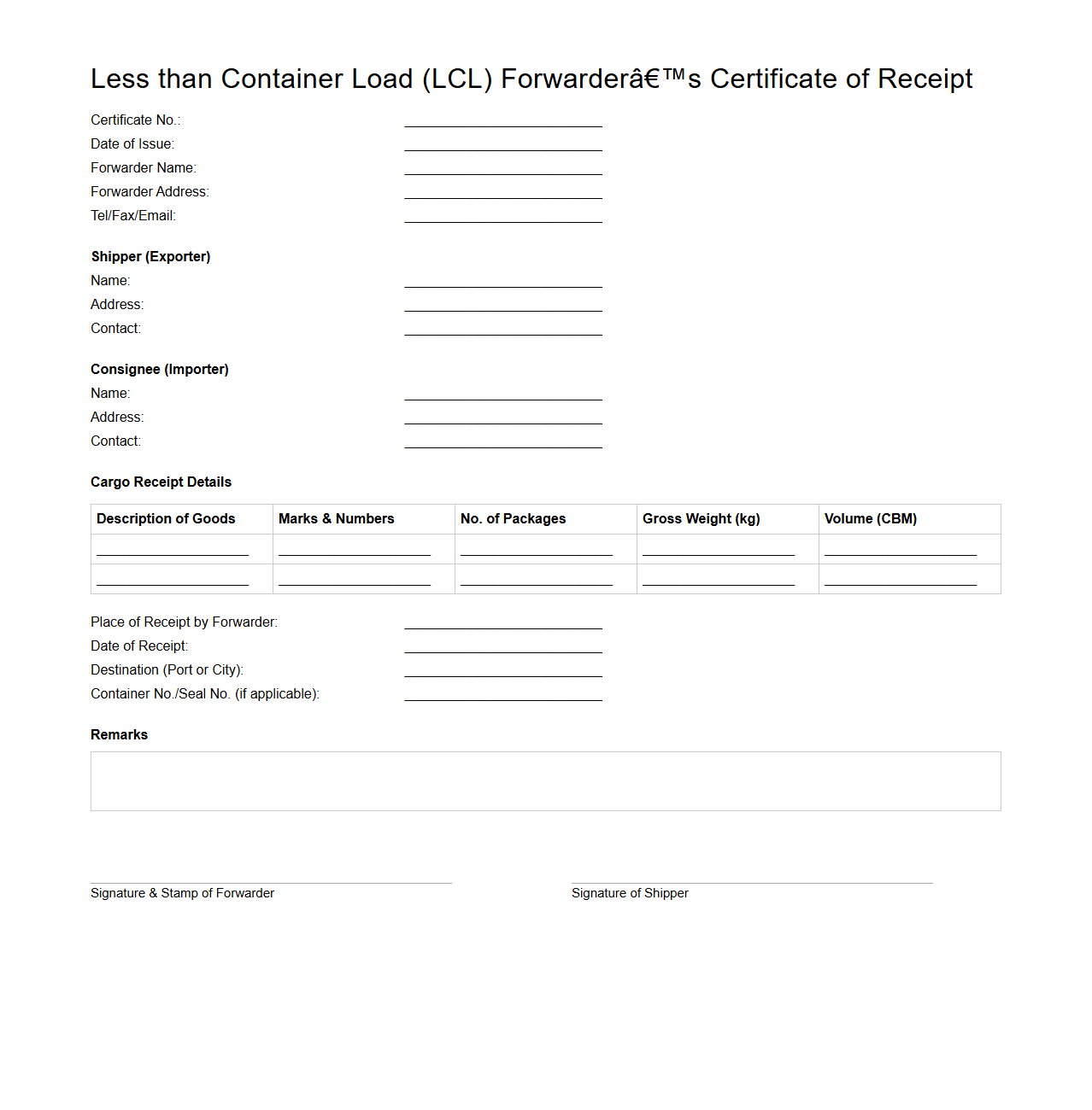 Less than Container Load (LCL) Forwarder’s Certificate of Receipt Form