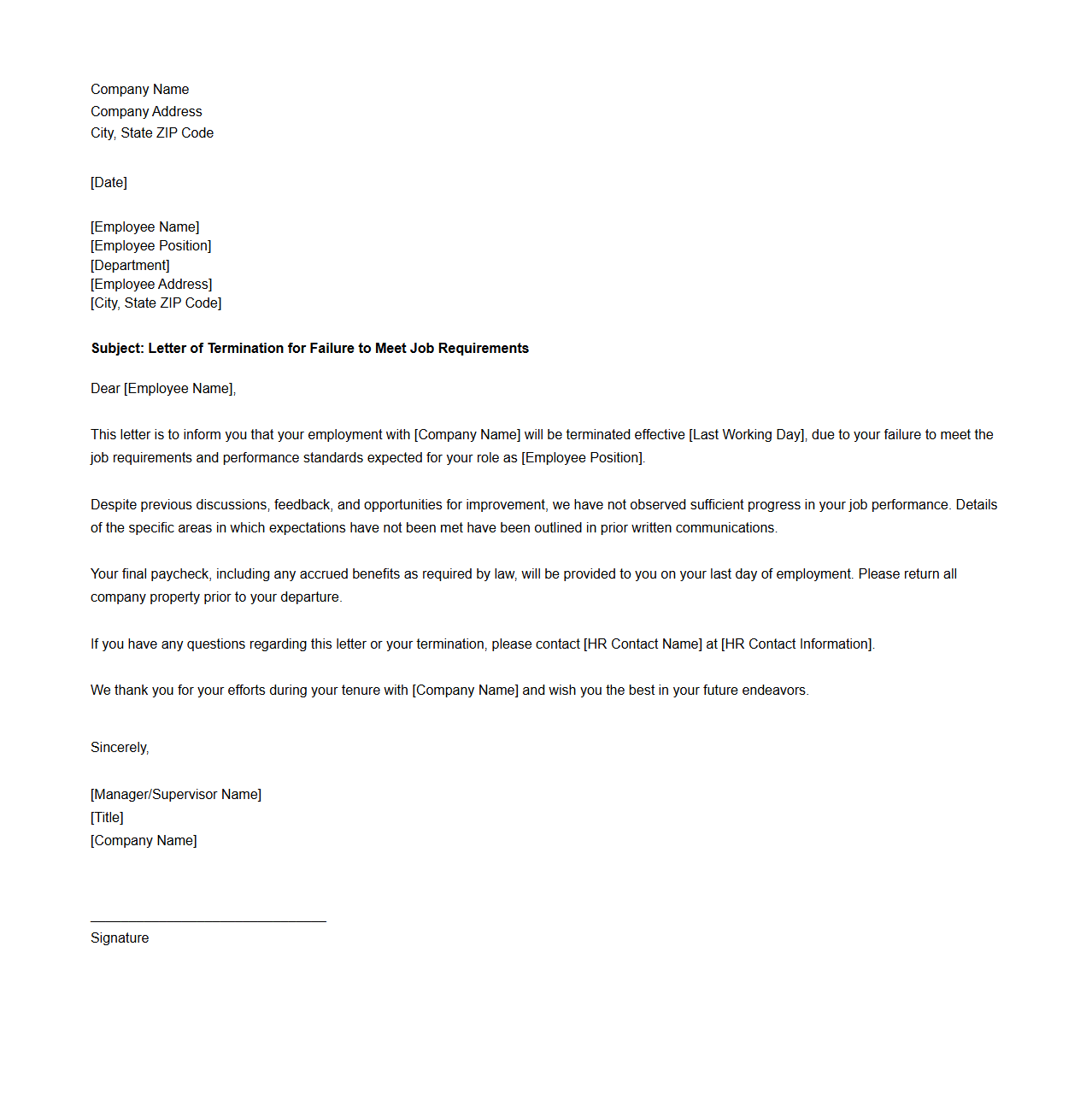 Letter of Termination for Failure to Meet Job Requirements