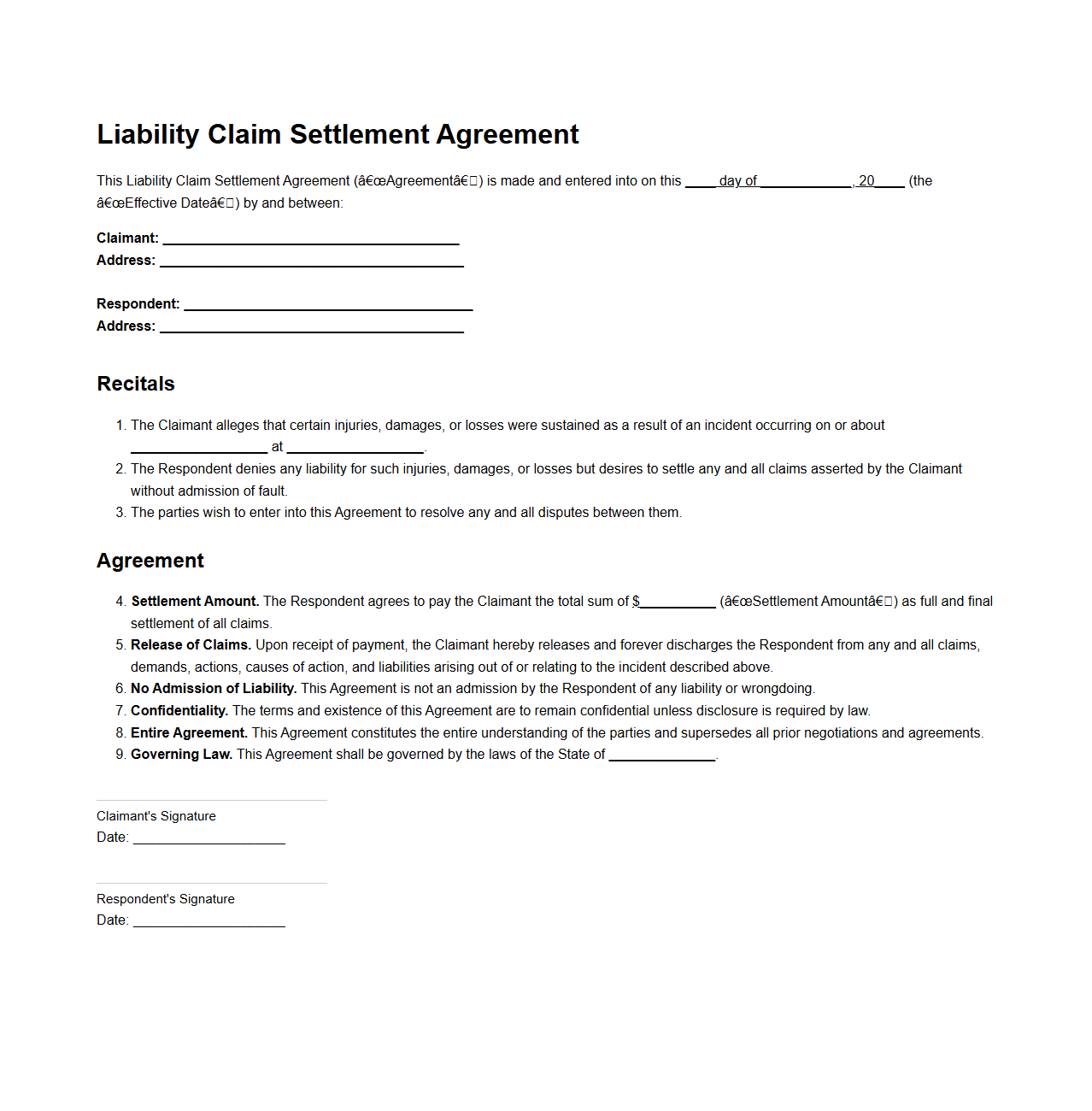 Liability Claim Settlement Agreement Example