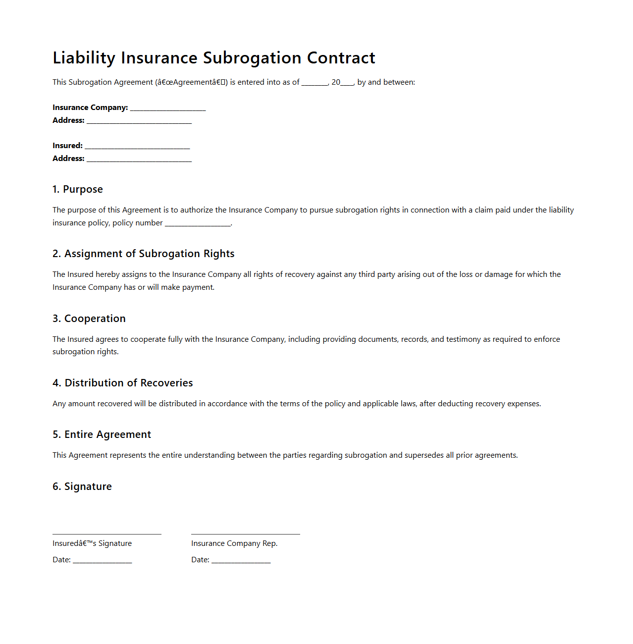 Liability Insurance Subrogation Contract Example