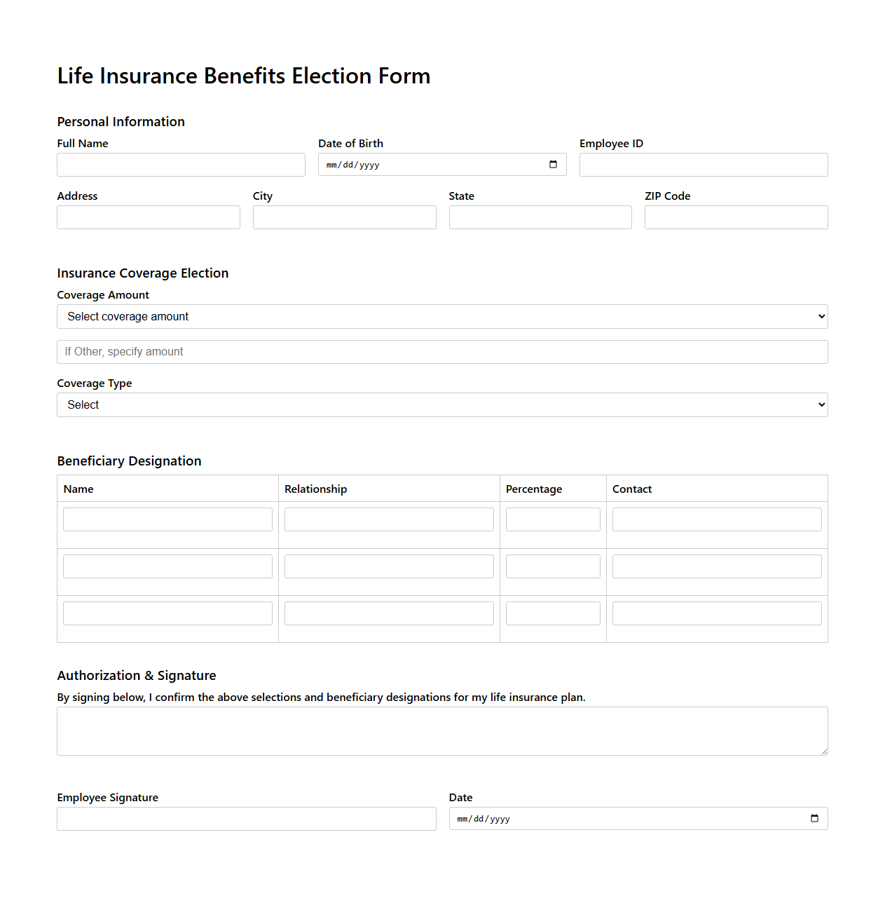 Life Insurance Benefits Election Form Sample