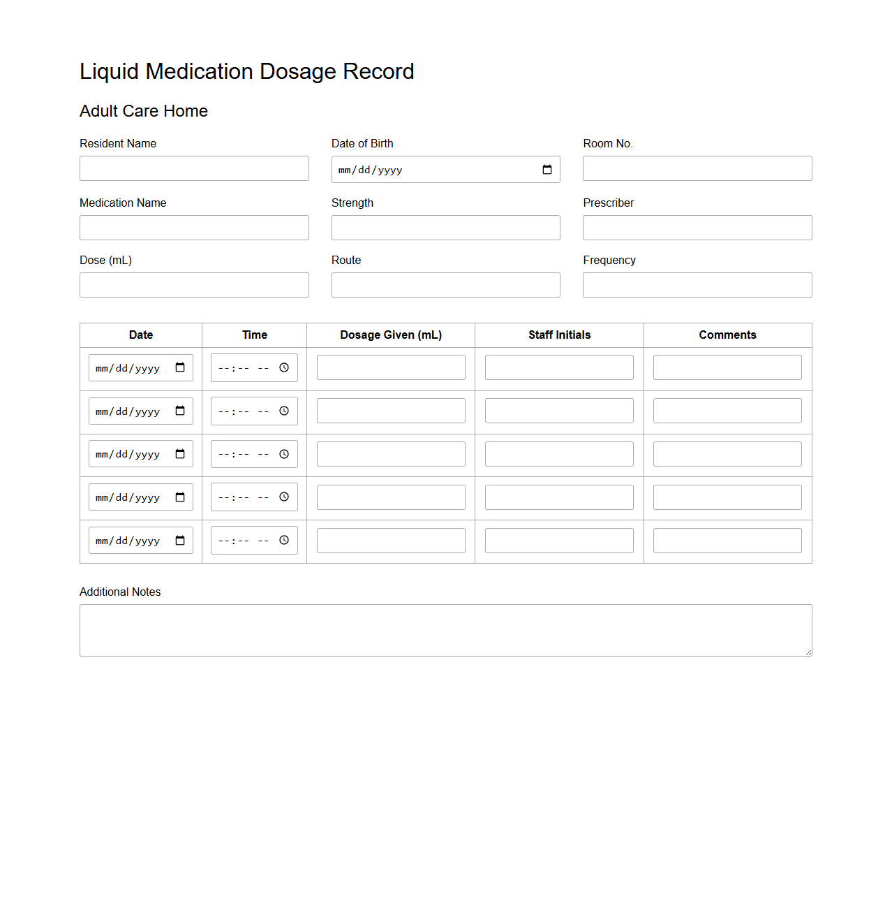 Liquid Medication Dosage Record for Adult Care Homes