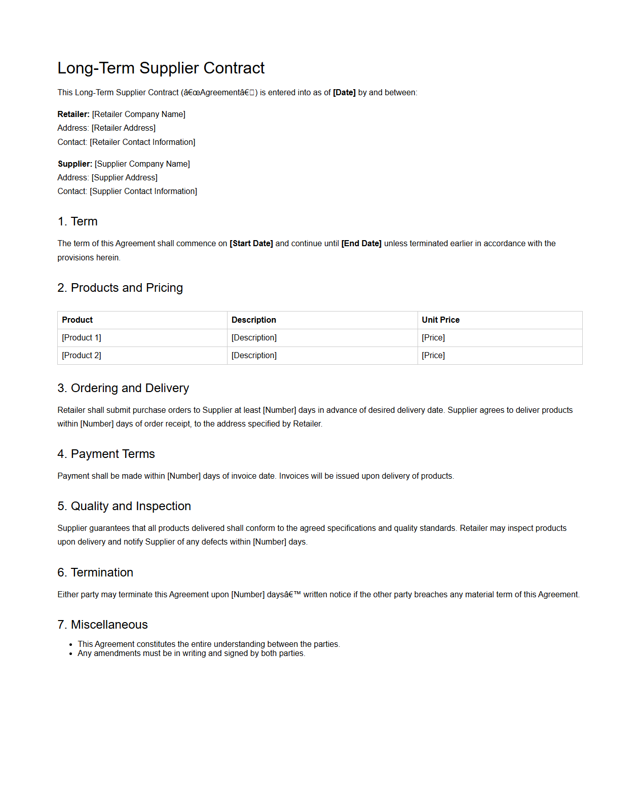 Long-Term Supplier Contract Sample for Retailers