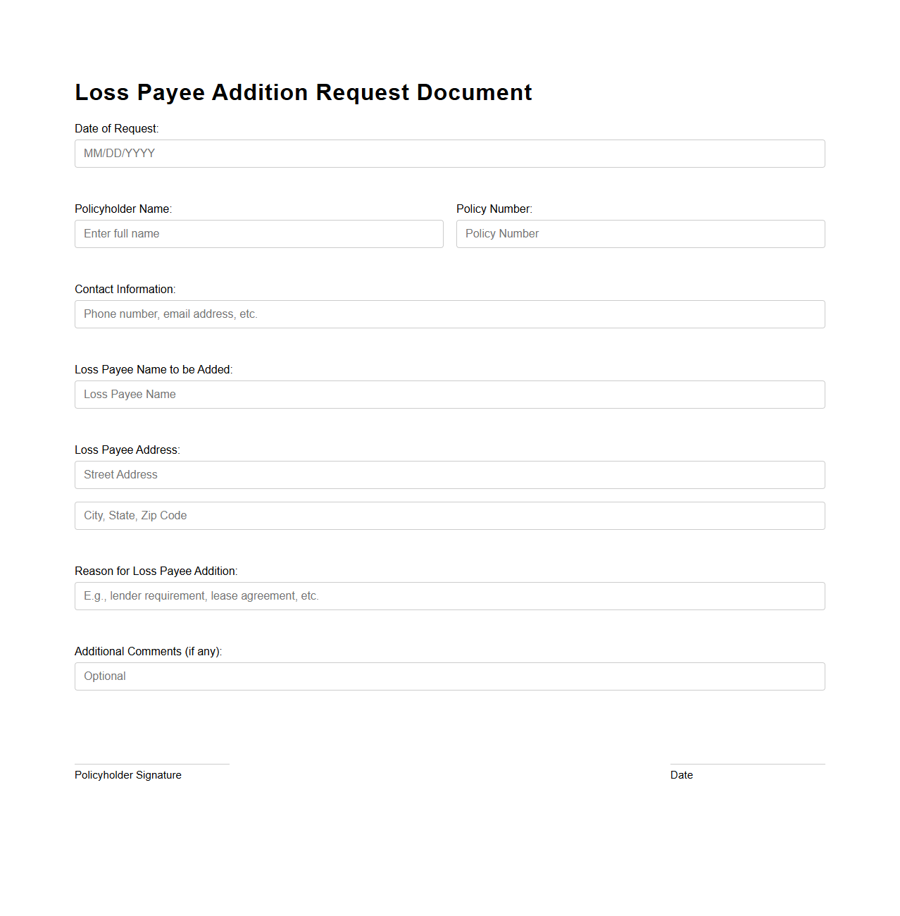 Loss Payee Addition Request Document