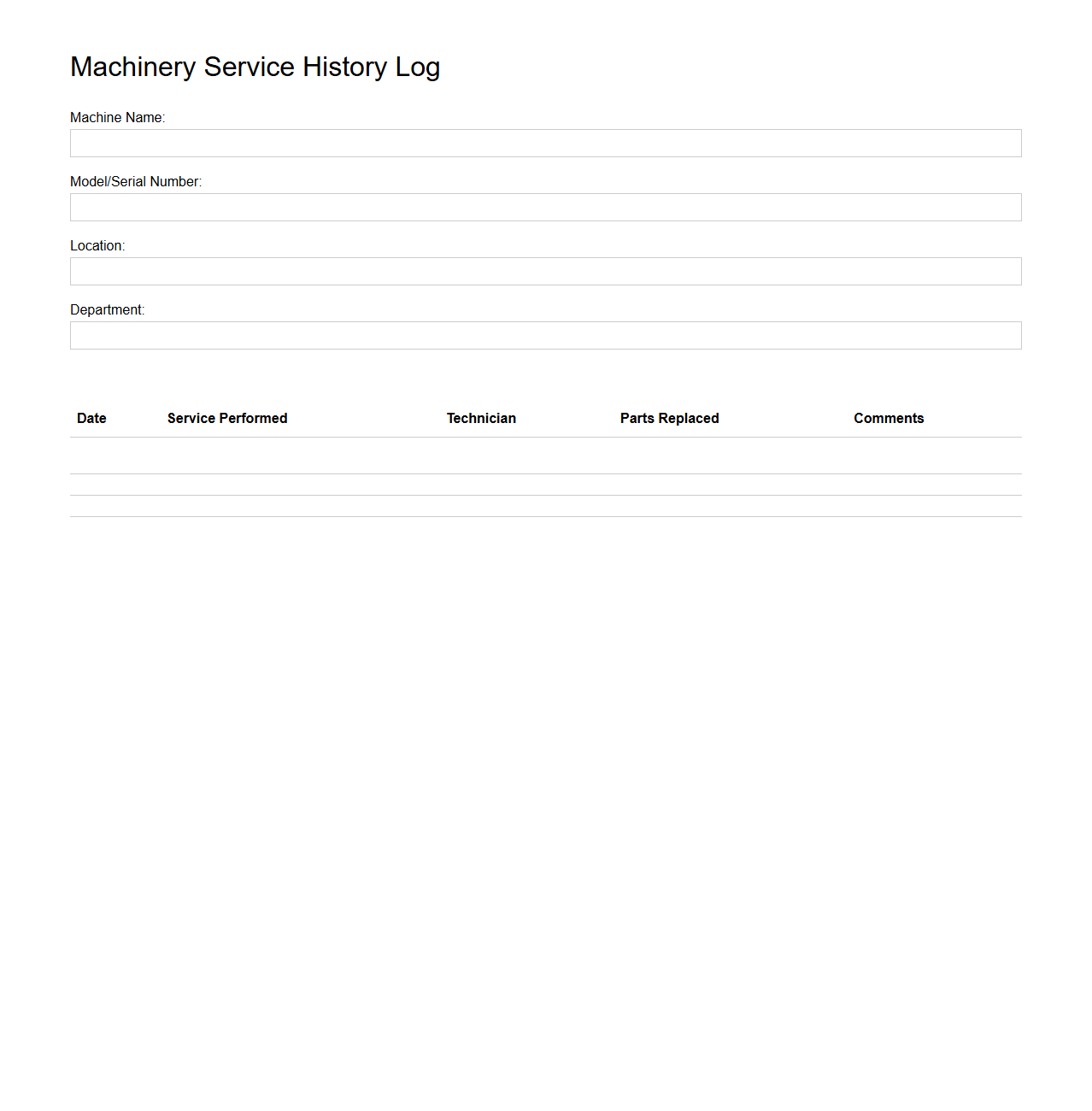 Machinery Service History Log